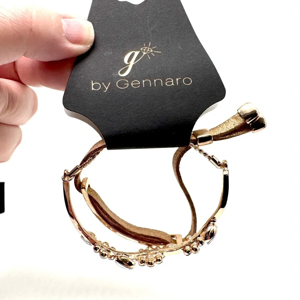 Gennaro Gold Tone Floral Crystal and Leather Bracelet Set